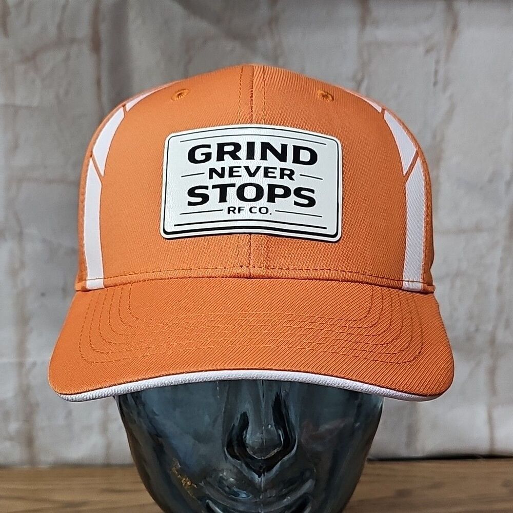 GRIND Never STOPS RF CO. Snapback Hat Cap Orange / White (Patch)